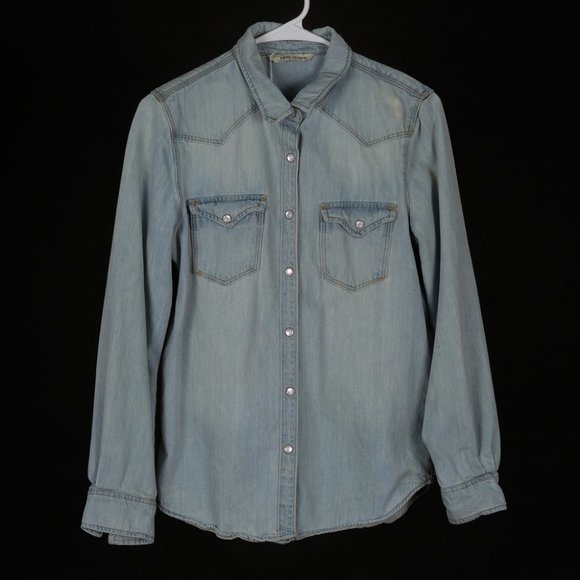 Mango Tops - MNG Mango Distressed Light Denim Pearl Snap Button Down XS